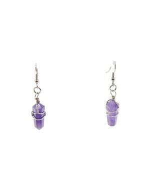 Amethyst Crystal Point Dangle Earrings Handwired Silver Tone Chakra Style